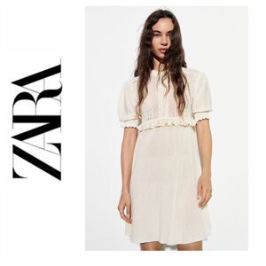 NWT Zara Mixed Pointelle Contrast Lace Detail Knit Mini Dress in Ecru, Medium